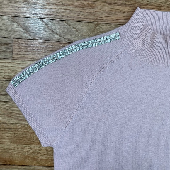 Kenar Short Sleeve Cashmere Pastel Pink Sweater with Rhinestone Details - Picture 2 of 7